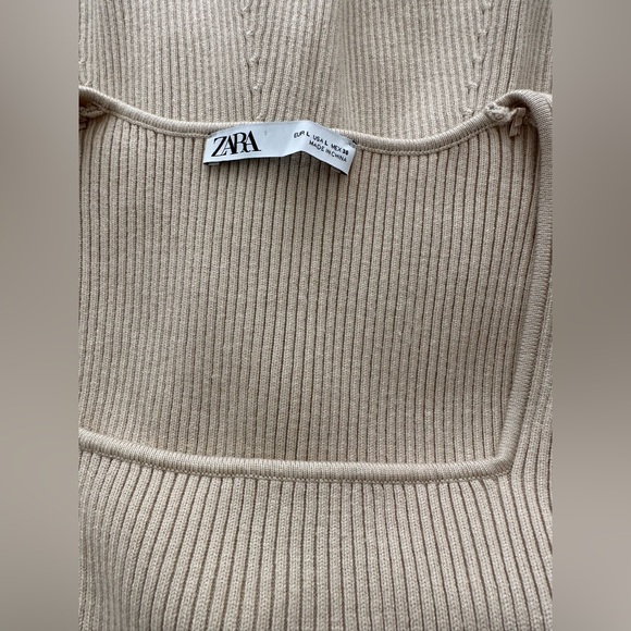 Zara Women's Beige Ribbed Peplum Sweater Top Square Neck Puff Sleeve Large - Picture 3 of 5